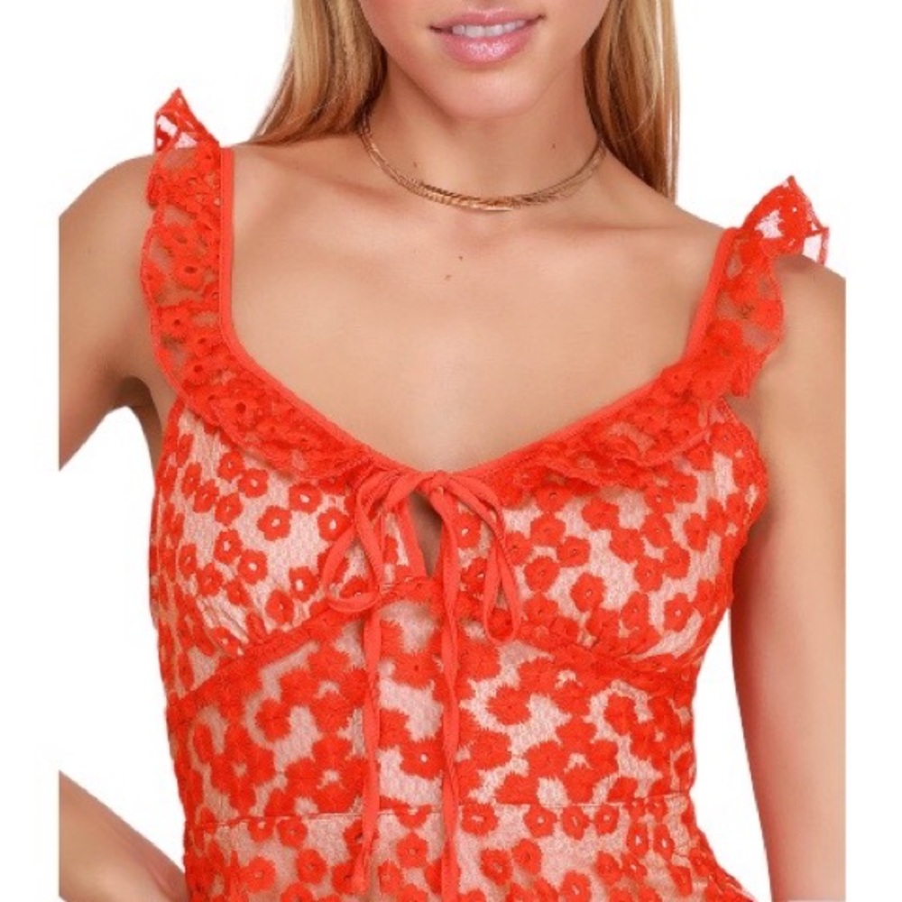 Lulus Someday Swoon Coral Red Embroidered Midi Dress Size L - Picture 4 of 5